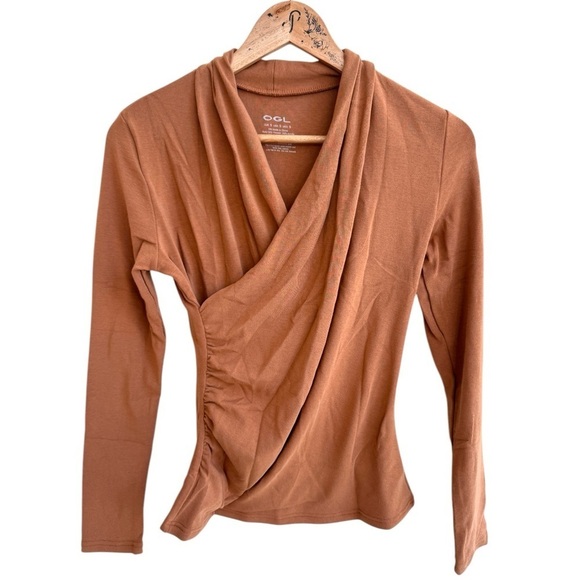 OGL Light Thermal V Neck Surplice Long Sleeve Top Women Size S Light Brown - Picture 4 of 9